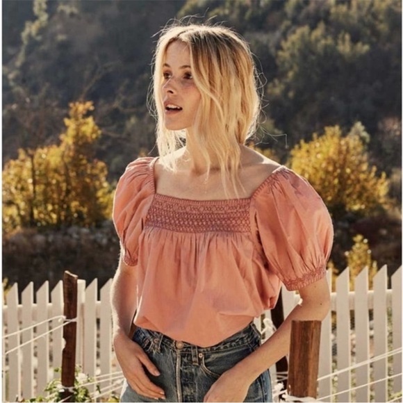 Doen Tops - Doen Gail Top Smocked Cotton Poplin Blouse Petal Pink Puff Sleeve Medium EUC